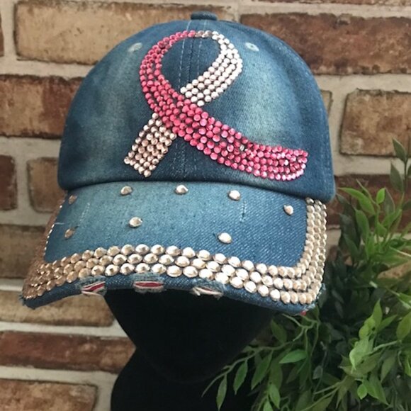 WOMEN'S BREAST CANCER AWARENESS PINK RIBBON BLING DISTRESSED DENIM BASEBALL CAP - Picture 1 of 8